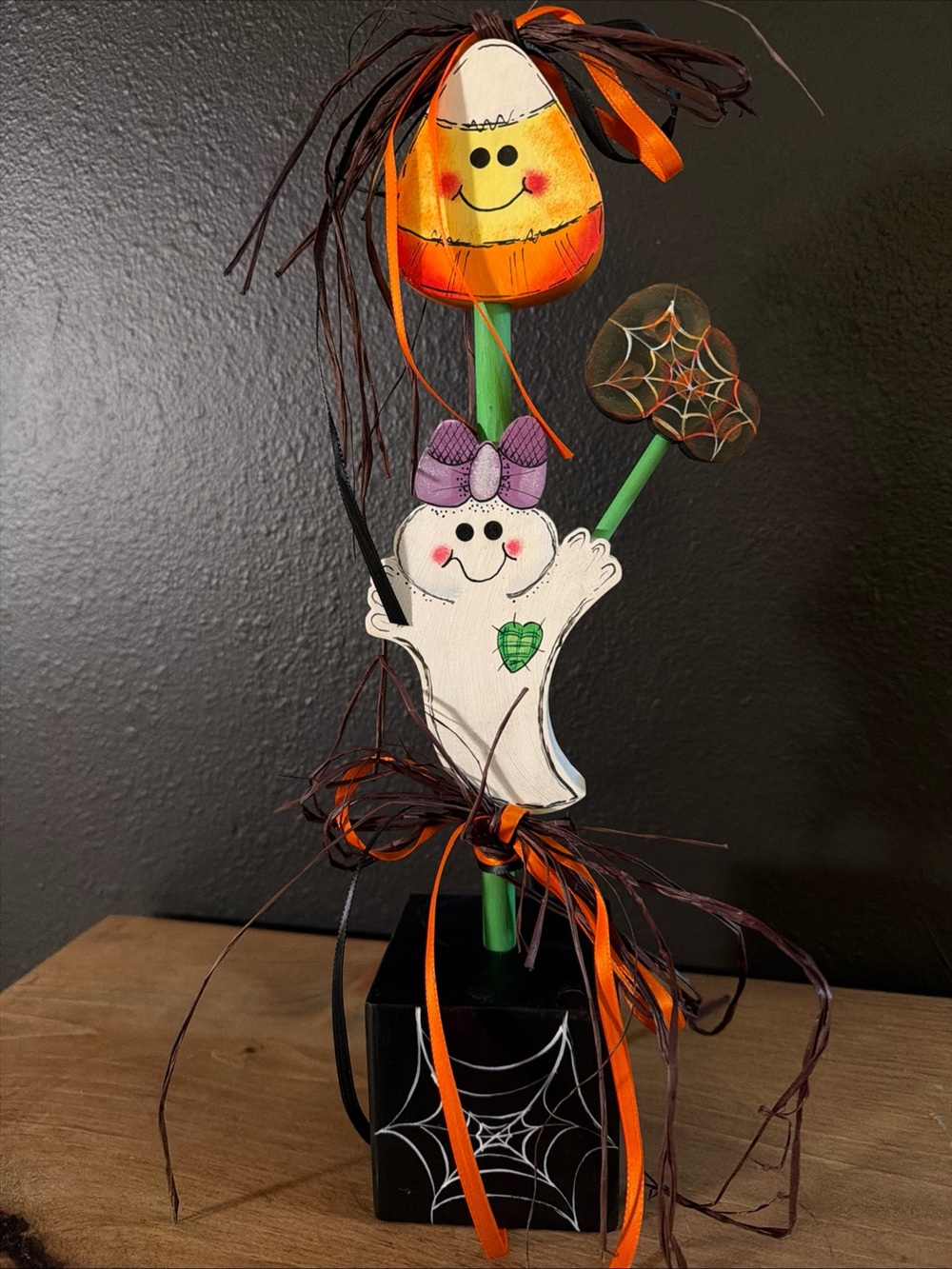 Halloween Handmade Wooden Hand Painted Candy Corn Ghost Figure Decor Rustic